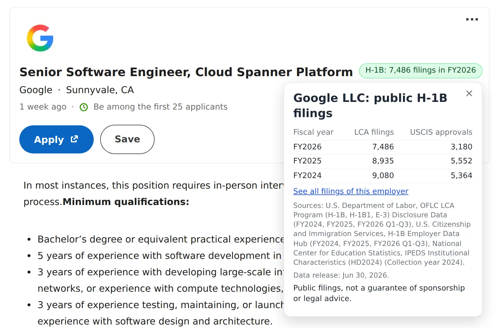 A job page with the H1B Sponsor Lookup label next to the job title. The open panel shows H-1B filings of the employer by fiscal year.