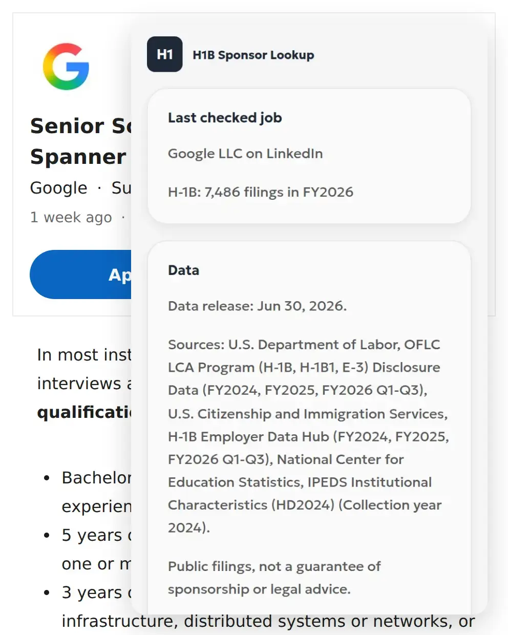 The H1B Sponsor Lookup popup with the data release date and the sources.