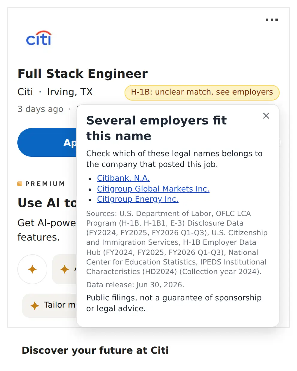 A Citi job page on LinkedIn with the label "H-1B: unclear match, see employers". The open panel "Several employers fit this name" lists three legal names.